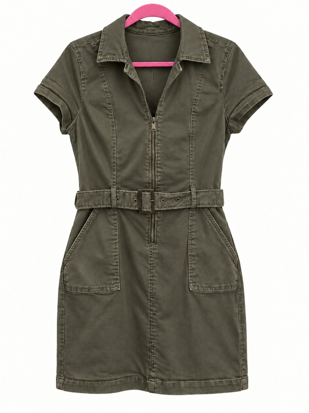 GUESS Olive Green Utility Zip- Front Belted Dress - Size L